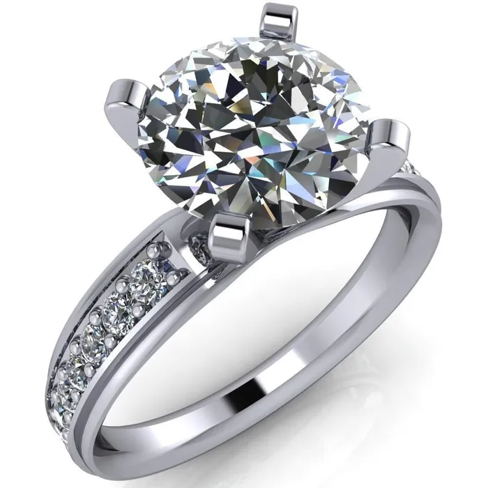 Fire Brilliance Rings Beatrix Round Center Stone Classic 4 Prong Low Etched Shank Diamond Shoulders Solitaire Ring