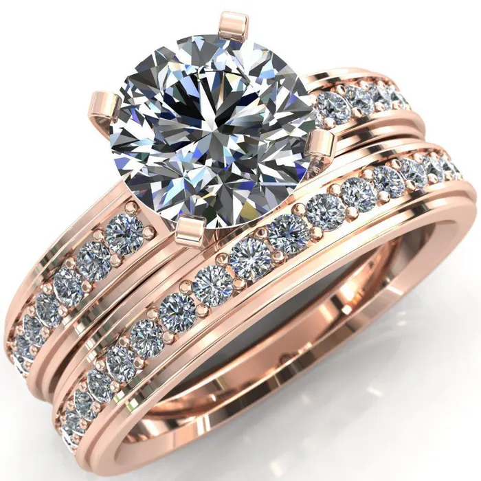 Fire Brilliance Rings Beatrix Round Center Stone Classic 4 Prong Low Etched Shank Diamond Shoulders Solitaire Ring