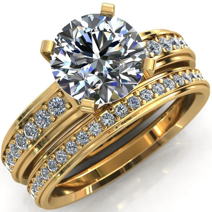 Fire Brilliance Rings Beatrix Round Center Stone Classic 4 Prong Low Etched Shank Diamond Shoulders Solitaire Ring