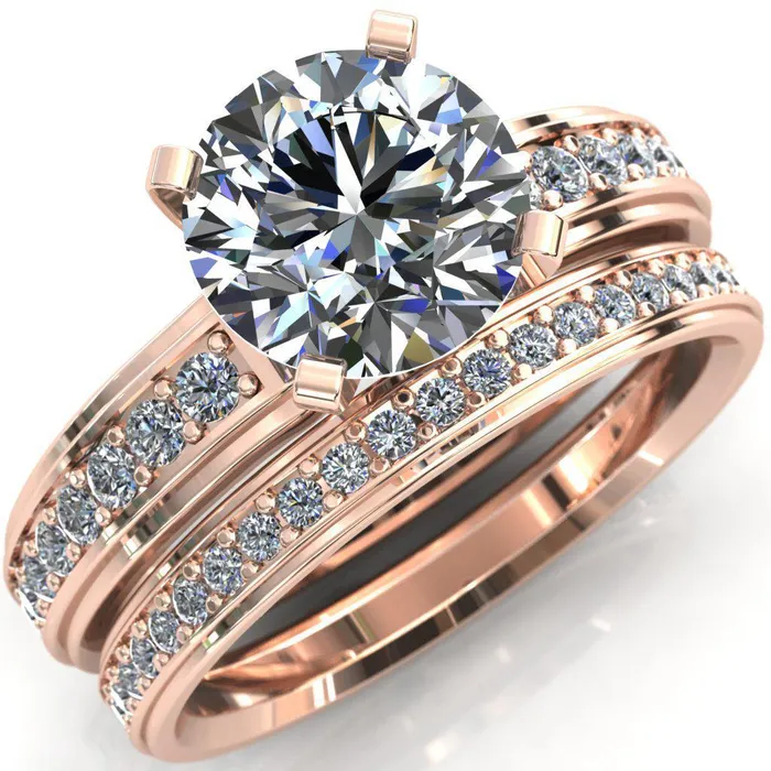 Fire Brilliance Rings Beatrix Round Center Stone Classic 4 Prong Low Etched Shank Diamond Shoulders Solitaire Ring