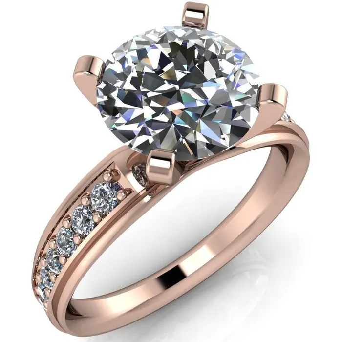 Fire Brilliance Rings Beatrix Round Center Stone Classic 4 Prong Low Etched Shank Diamond Shoulders Solitaire Ring
