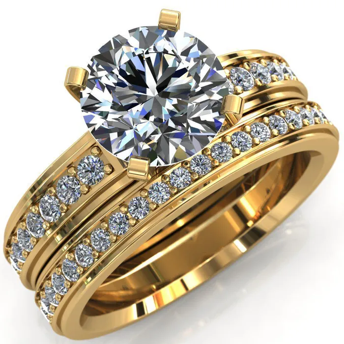 Fire Brilliance Rings Beatrix Round Center Stone Classic 4 Prong Low Etched Shank Diamond Shoulders Solitaire Ring