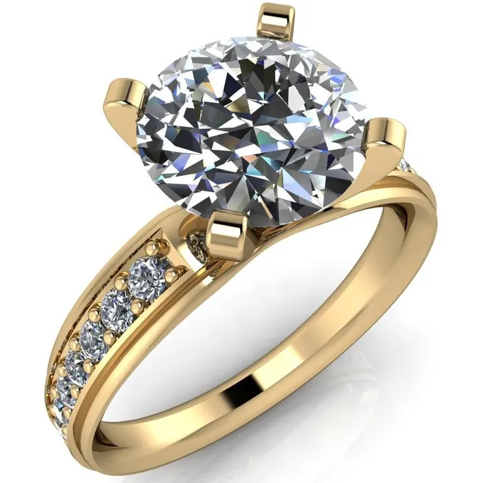 Fire Brilliance Rings Beatrix Round Center Stone Classic 4 Prong Low Etched Shank Diamond Shoulders Solitaire Ring