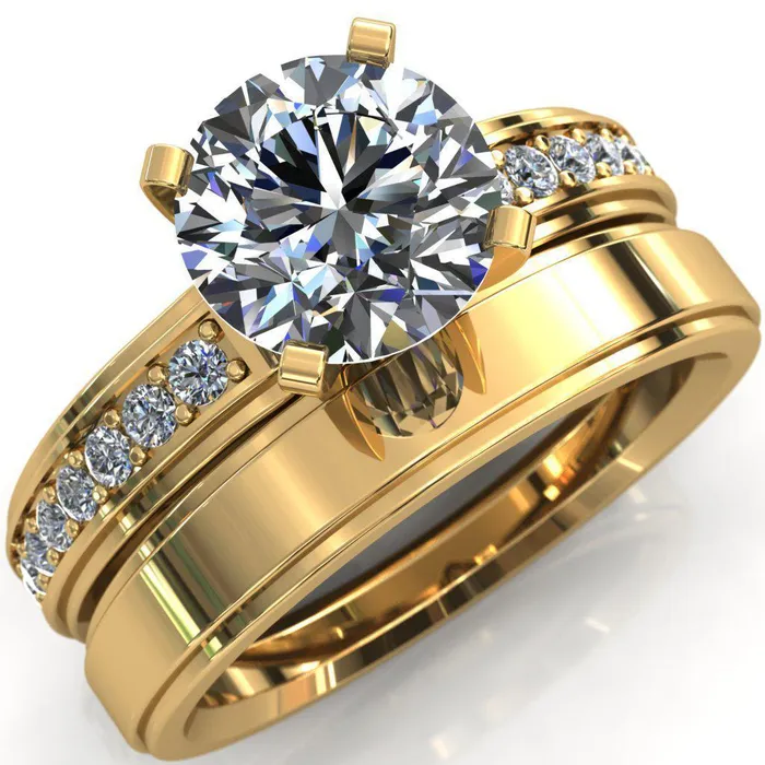 Fire Brilliance Rings Beatrix Round Center Stone Classic 4 Prong Low Etched Shank Diamond Shoulders Solitaire Ring