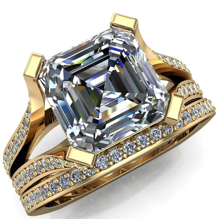 Fire Brilliance Rings Bonjour Asscher Moissanite 4 Prong Split Shank Diamond Accented Ring Fire Brilliance Rings Bonjour Asscher Moissanite 4 Prong Split Shank Diamond Accented Ring