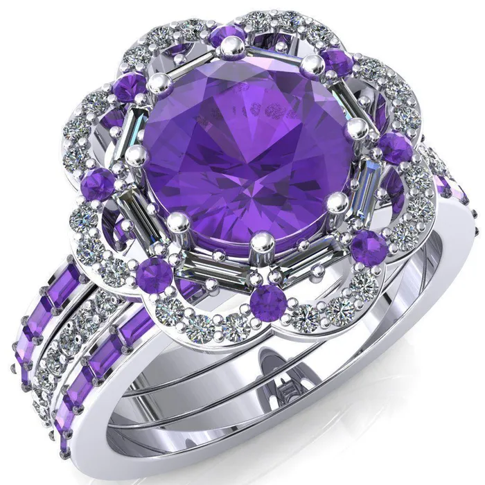 Fire Brilliance Rings Camelia Round Amethyst Accent Diamond and Amethyst Halo Ring Fire Brilliance Rings Camelia Round Amethyst Accent Diamond and Amethyst Halo Ring