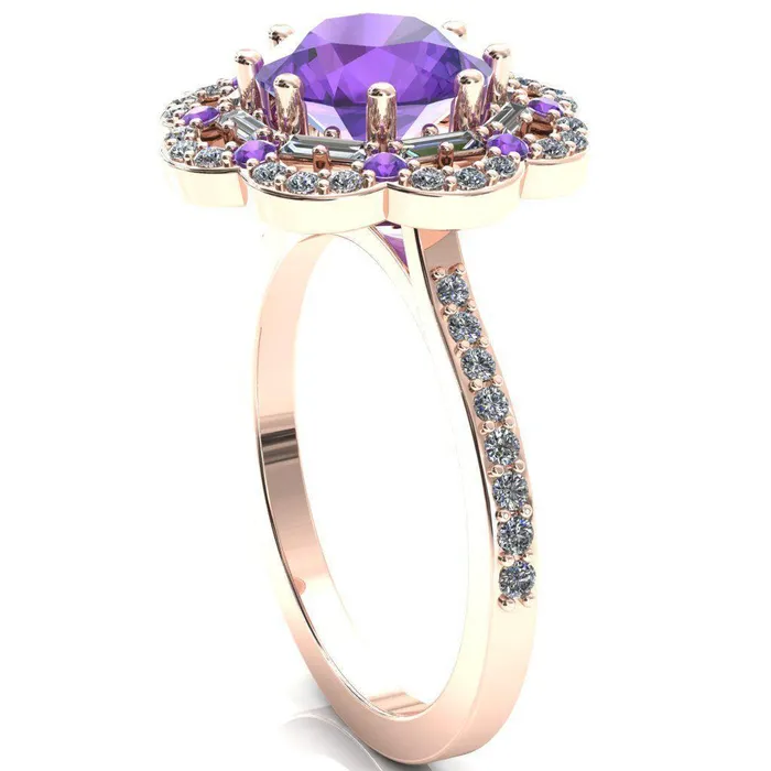 Fire Brilliance Rings Camelia Round Amethyst Accent Diamond and Amethyst Halo Ring