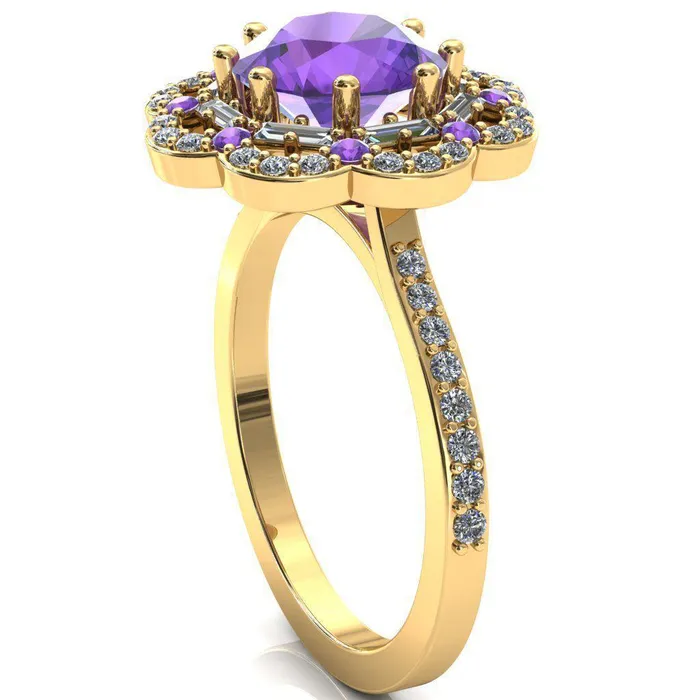Fire Brilliance Rings Camelia Round Amethyst Accent Diamond and Amethyst Halo Ring