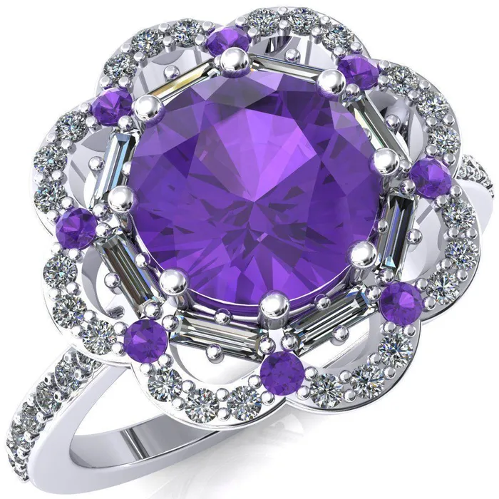 Fire Brilliance Rings Camelia Round Amethyst Accent Diamond and Amethyst Halo Ring