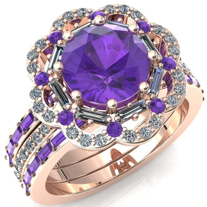 Fire Brilliance Rings Camelia Round Amethyst Accent Diamond and Amethyst Halo Ring