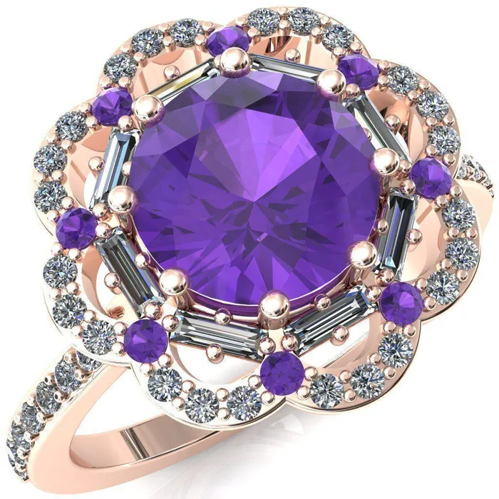 Fire Brilliance Rings Camelia Round Amethyst Accent Diamond and Amethyst Halo Ring