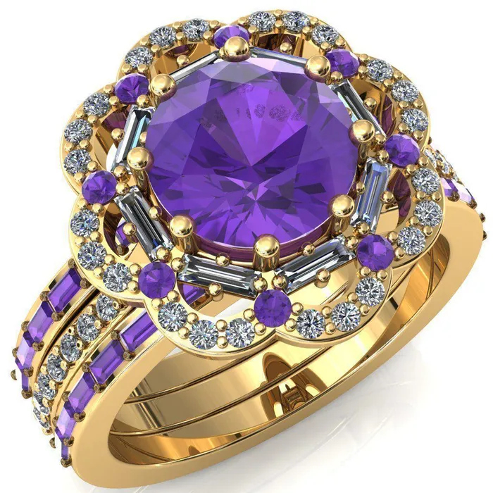 Fire Brilliance Rings Camelia Round Amethyst Accent Diamond and Amethyst Halo Ring