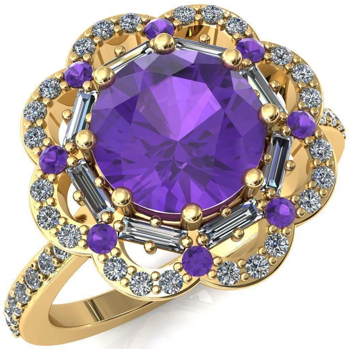 Fire Brilliance Rings Camelia Round Amethyst Accent Diamond and Amethyst Halo Ring