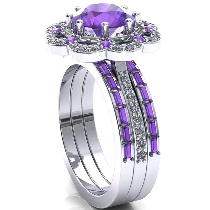 Fire Brilliance Rings Camelia Round Amethyst Accent Diamond and Amethyst Halo Ring