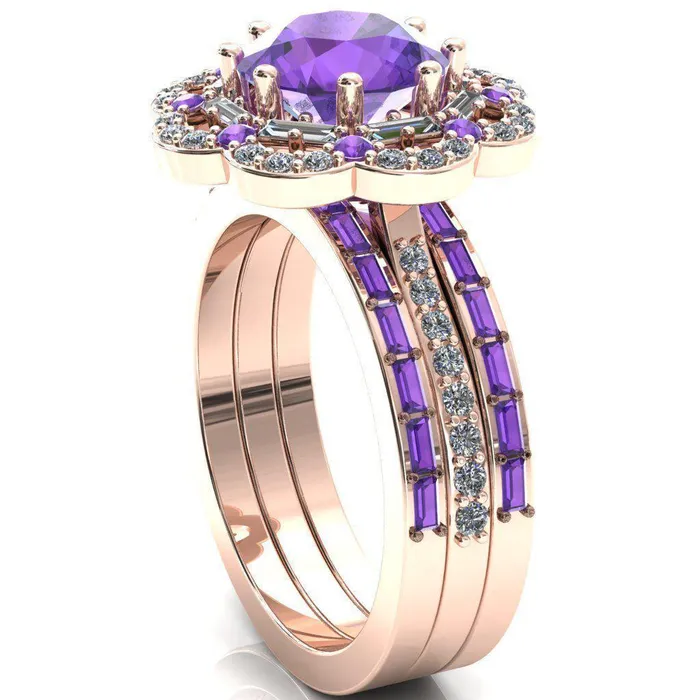 Fire Brilliance Rings Camelia Round Amethyst Accent Diamond and Amethyst Halo Ring