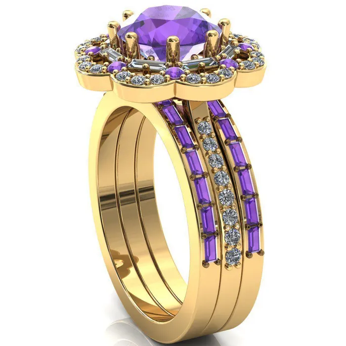 Fire Brilliance Rings Camelia Round Amethyst Accent Diamond and Amethyst Halo Ring
