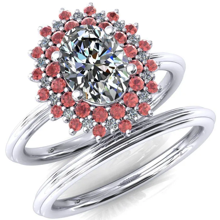 Fire Brilliance Rings Eridanus Oval Center Stone Cluster Diamond and Padparadscha Sapphire Halo Wedding Ring ver3 Fire Brilliance Rings Eridanus Oval Center Stone Cluster Diamond and Padparadscha Sapphire Halo Wedding Ring ver3
