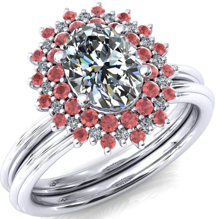Fire Brilliance Rings Eridanus Oval Center Stone Cluster Diamond and Padparadscha Sapphire Halo Wedding Ring ver3