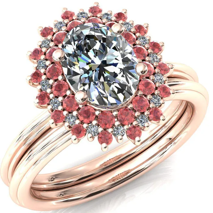 Fire Brilliance Rings Eridanus Oval Center Stone Cluster Diamond and Padparadscha Sapphire Halo Wedding Ring ver3