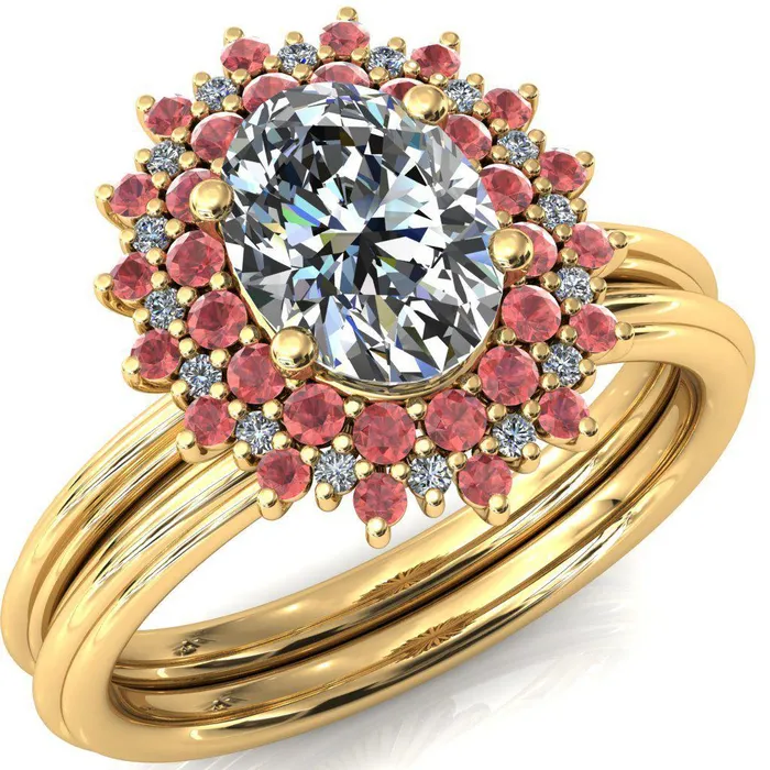 Fire Brilliance Rings Eridanus Oval Center Stone Cluster Diamond and Padparadscha Sapphire Halo Wedding Ring ver3