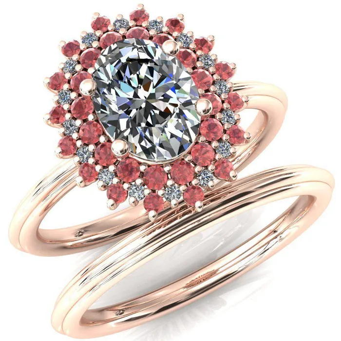 Fire Brilliance Rings Eridanus Oval Center Stone Cluster Diamond and Padparadscha Sapphire Halo Wedding Ring ver3
