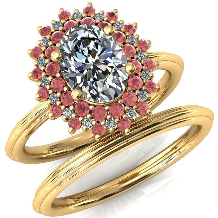 Fire Brilliance Rings Eridanus Oval Center Stone Cluster Diamond and Padparadscha Sapphire Halo Wedding Ring ver3