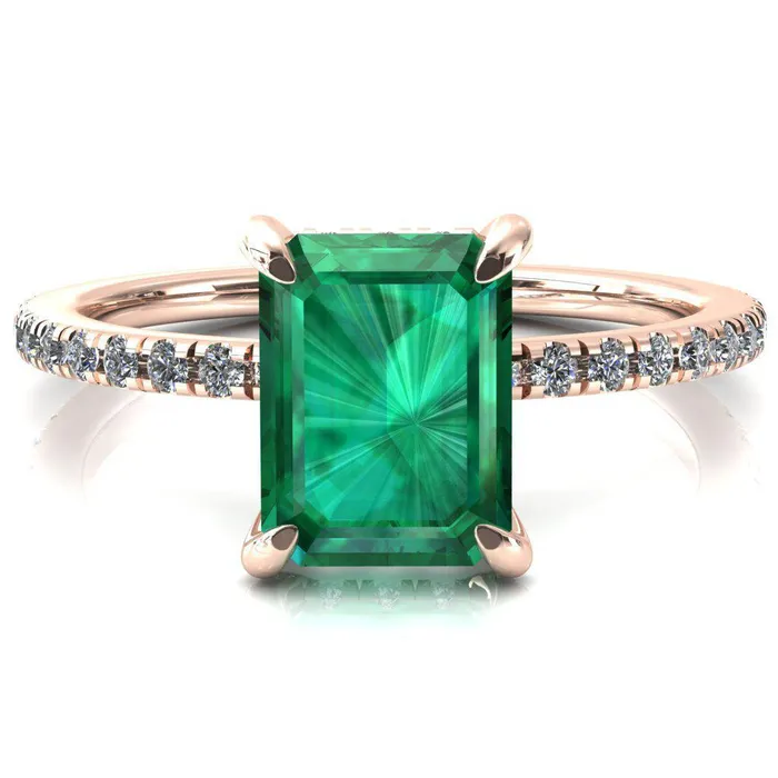 Fire Brilliance Rings Ezili Emerald Emerald 4 Claw Prong Micro Pave Diamond Sides Engagement Ring