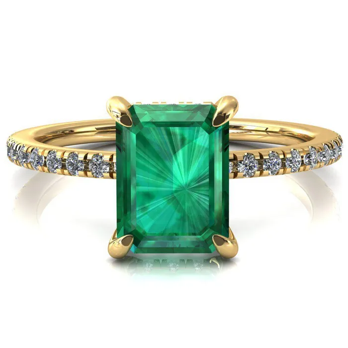 Fire Brilliance Rings Ezili Emerald Emerald 4 Claw Prong Micro Pave Diamond Sides Engagement Ring