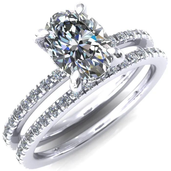 Fire Brilliance Rings Ezili Oval Center Stone 4 Claw Prong Micro Pave Diamond Sides Engagement Ring