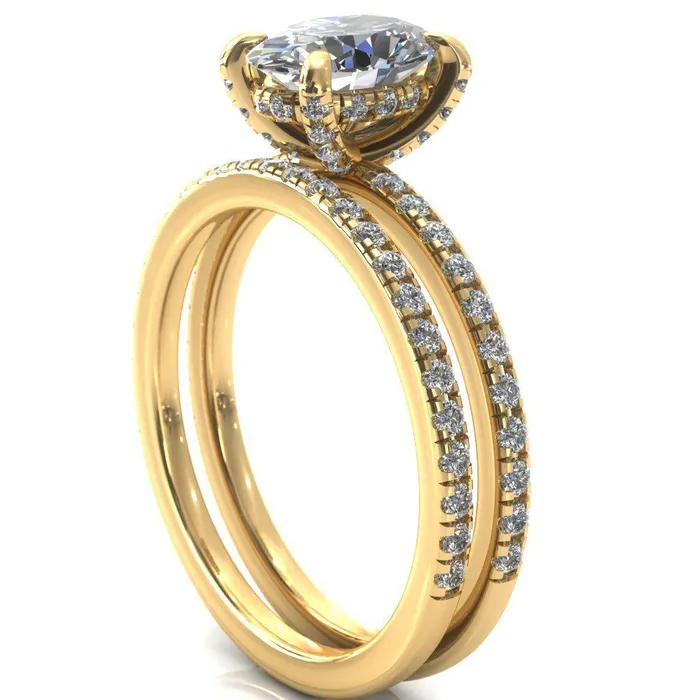 Fire Brilliance Rings Ezili Oval Center Stone 4 Claw Prong Micro Pave Diamond Sides Engagement Ring