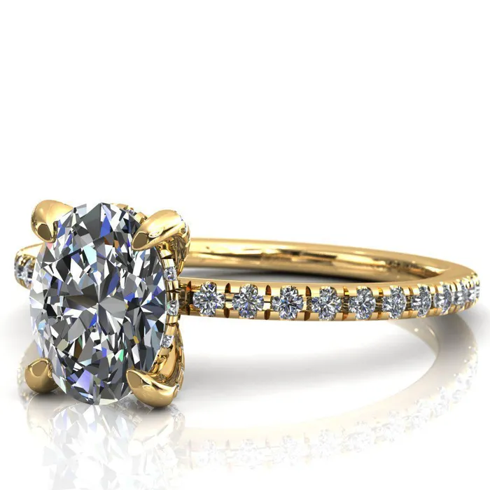 Fire Brilliance Rings Ezili Oval Center Stone 4 Claw Prong Micro Pave Diamond Sides Engagement Ring