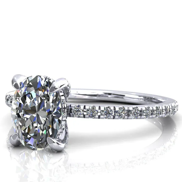Fire Brilliance Rings Ezili Oval Center Stone 4 Claw Prong Micro Pave Diamond Sides Engagement Ring