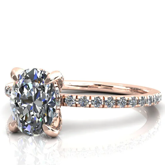 Fire Brilliance Rings Ezili Oval Center Stone 4 Claw Prong Micro Pave Diamond Sides Engagement Ring
