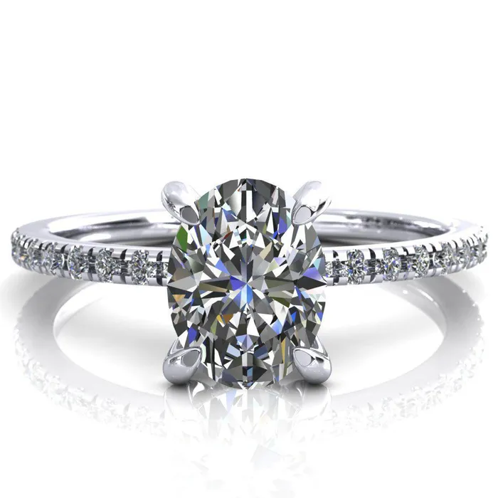 Fire Brilliance Rings Ezili Oval Center Stone 4 Claw Prong Micro Pave Diamond Sides Engagement Ring