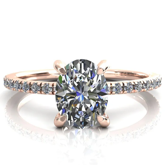 Fire Brilliance Rings Ezili Oval Center Stone 4 Claw Prong Micro Pave Diamond Sides Engagement Ring