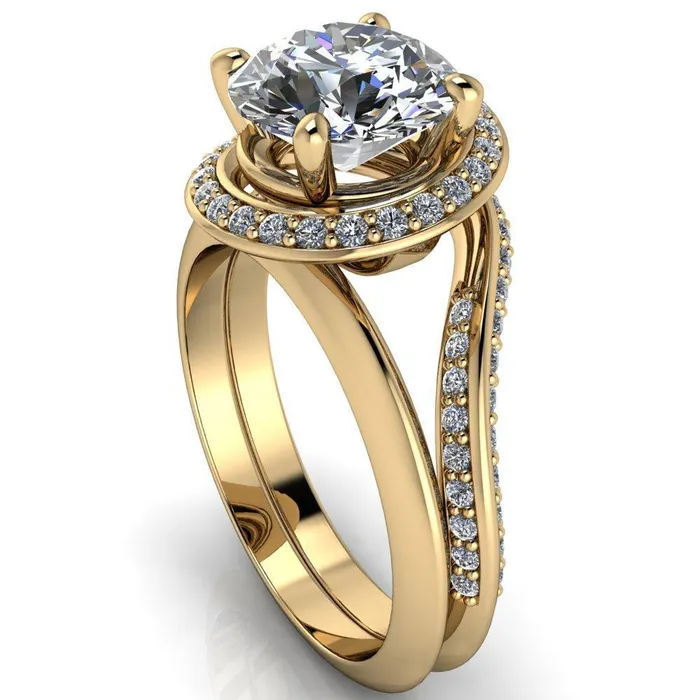 Fire Brilliance Rings Gianna Round Center Stone and Diamond Halo Swirl Ring