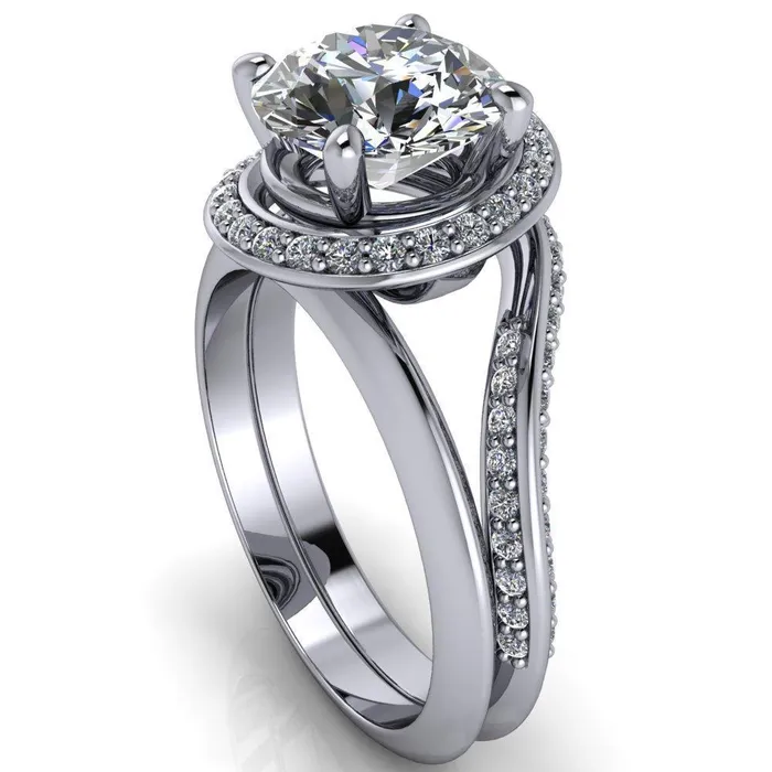 Fire Brilliance Rings Gianna Round Center Stone and Diamond Halo Swirl Ring