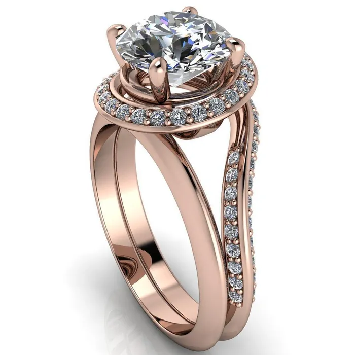 Fire Brilliance Rings Gianna Round Center Stone and Diamond Halo Swirl Ring