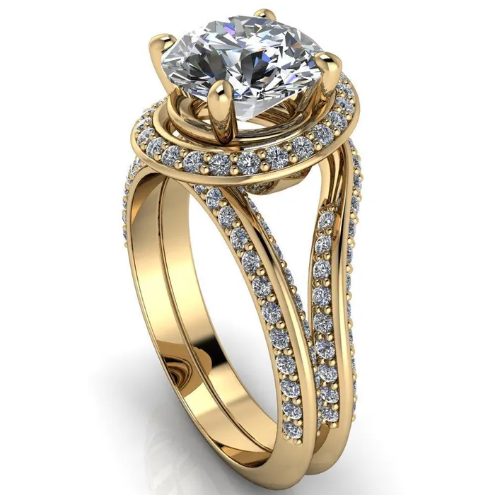 Fire Brilliance Rings Gianna Round Center Stone and Diamond Halo Swirl Ring