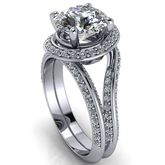 Fire Brilliance Rings Gianna Round Center Stone and Diamond Halo Swirl Ring