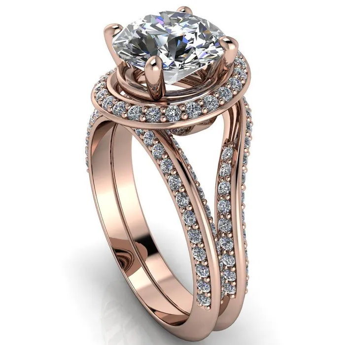 Fire Brilliance Rings Gianna Round Center Stone and Diamond Halo Swirl Ring