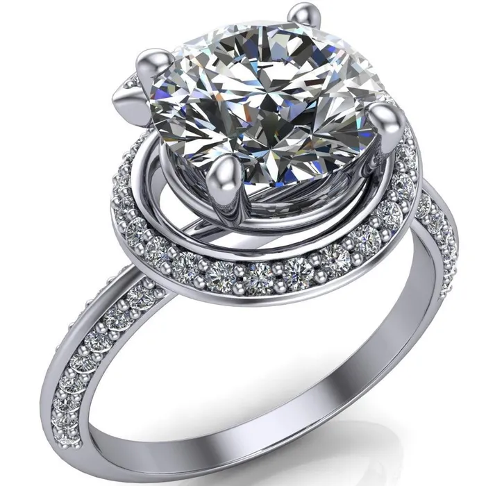 Fire Brilliance Rings Gianna Round Center Stone and Diamond Halo Swirl Ring