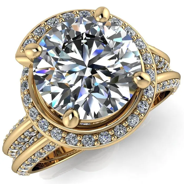 Fire Brilliance Rings Gianna Round Center Stone and Diamond Halo Swirl Ring