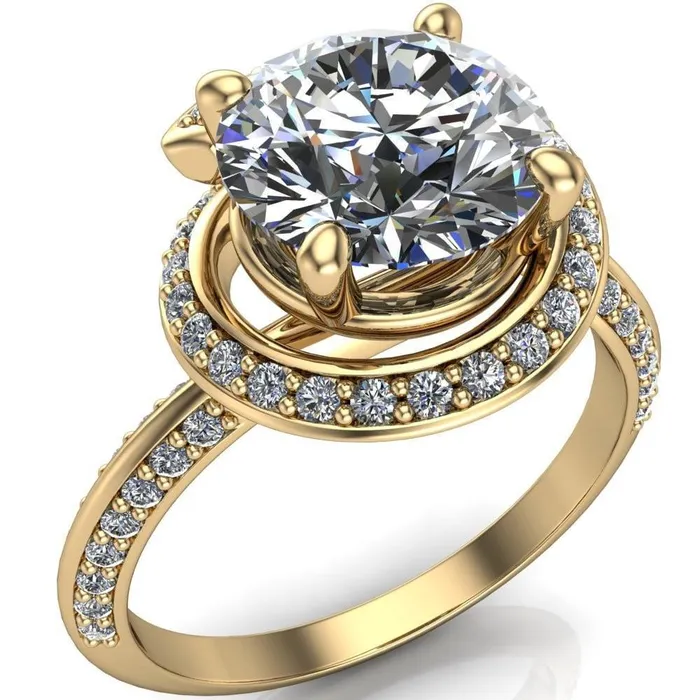Fire Brilliance Rings Gianna Round Center Stone and Diamond Halo Swirl Ring