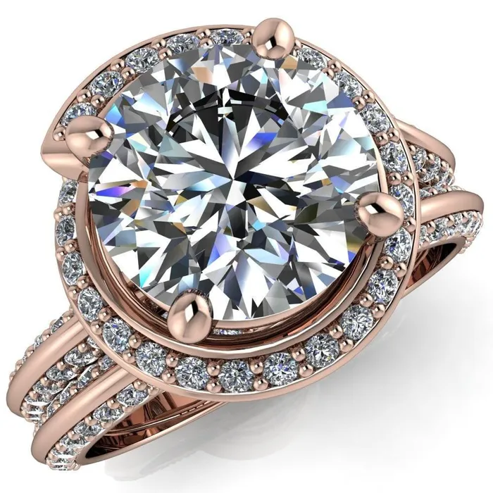 Fire Brilliance Rings Gianna Round Center Stone and Diamond Halo Swirl Ring