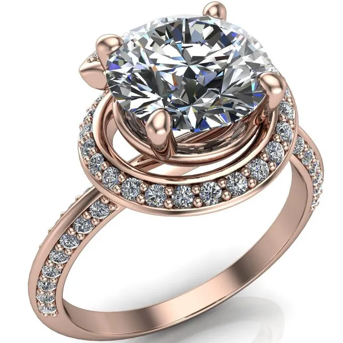 Fire Brilliance Rings Gianna Round Center Stone and Diamond Halo Swirl Ring