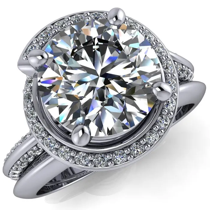 Fire Brilliance Rings Gianna Round Center Stone and Diamond Halo Swirl Ring