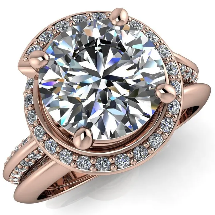 Fire Brilliance Rings Gianna Round Center Stone and Diamond Halo Swirl Ring