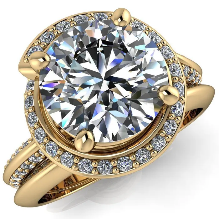 Fire Brilliance Rings Gianna Round Center Stone and Diamond Halo Swirl Ring