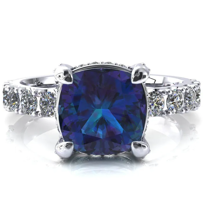 Fire Brilliance Rings Grandeur Cushion Alexandrite 4 Prong Basket and Half Eternity Fire Ring Fire Brilliance Rings Grandeur Cushion Alexandrite 4 Prong Basket and Half Eternity Fire Ring
